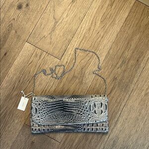 Faux alligator print gray and black large clutch with removable chain strap